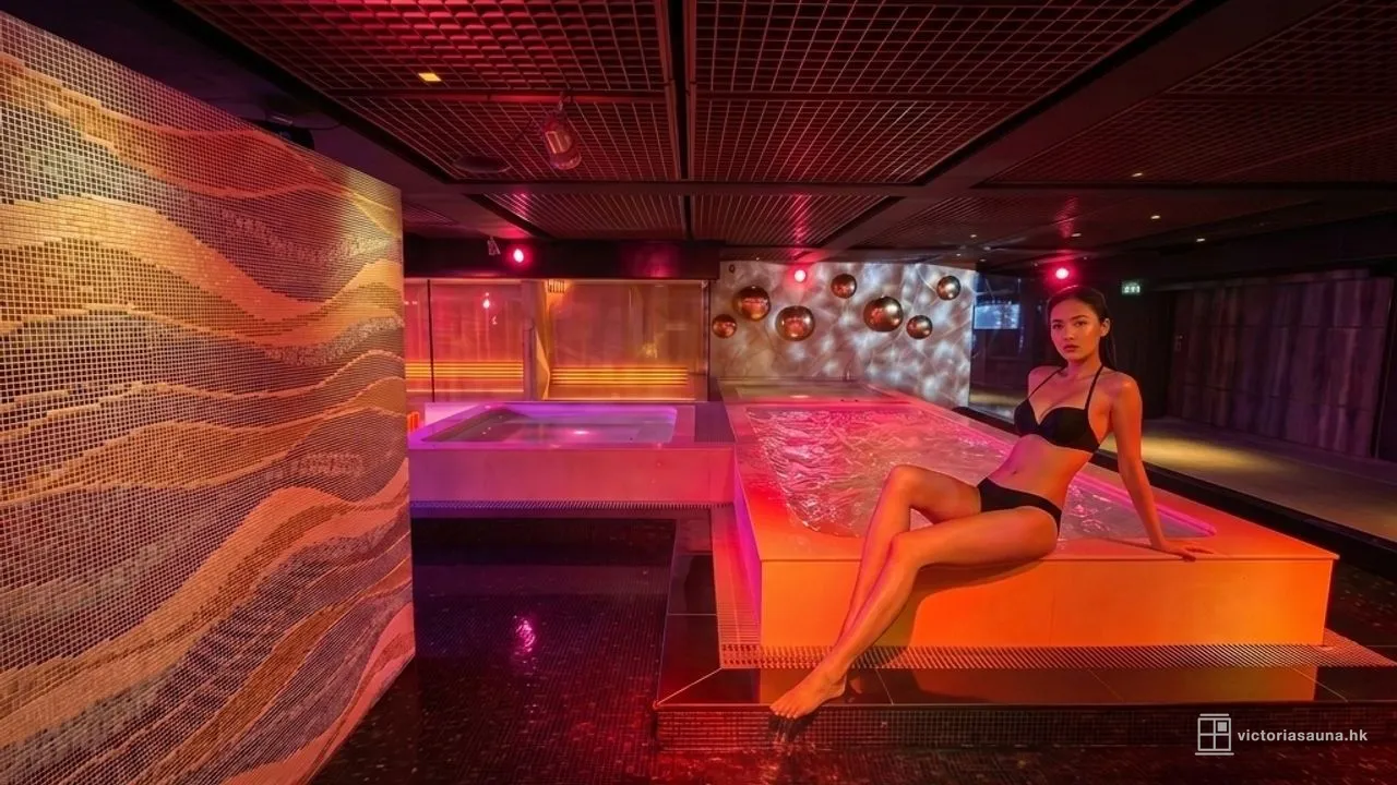 A woman seated at the edge of the mosaic massage pool at Victoria Sauna, warm light on the wave-gold tile wall