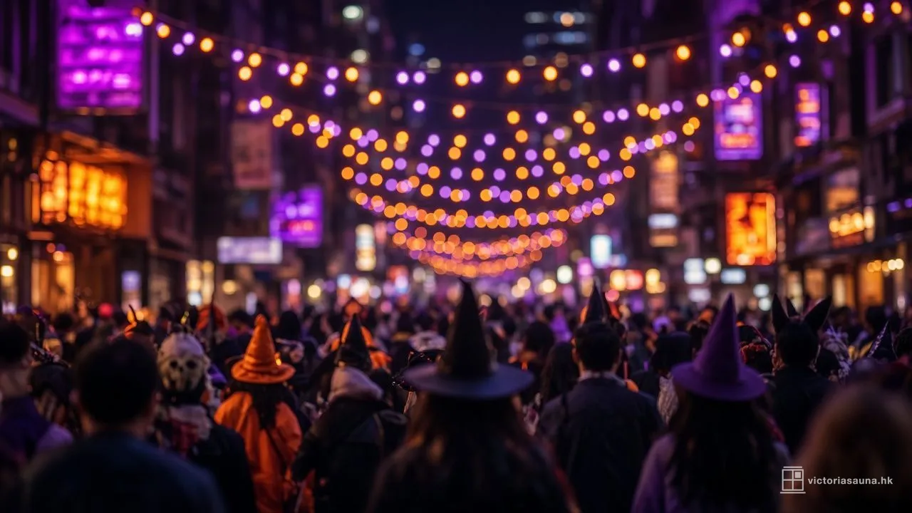 凱旋桑拿最新消息配圖示意：夜晚的萬聖節街頭派對，頭頂掛滿橙色與紫色燈串，人群穿著節日裝扮，全部失焦